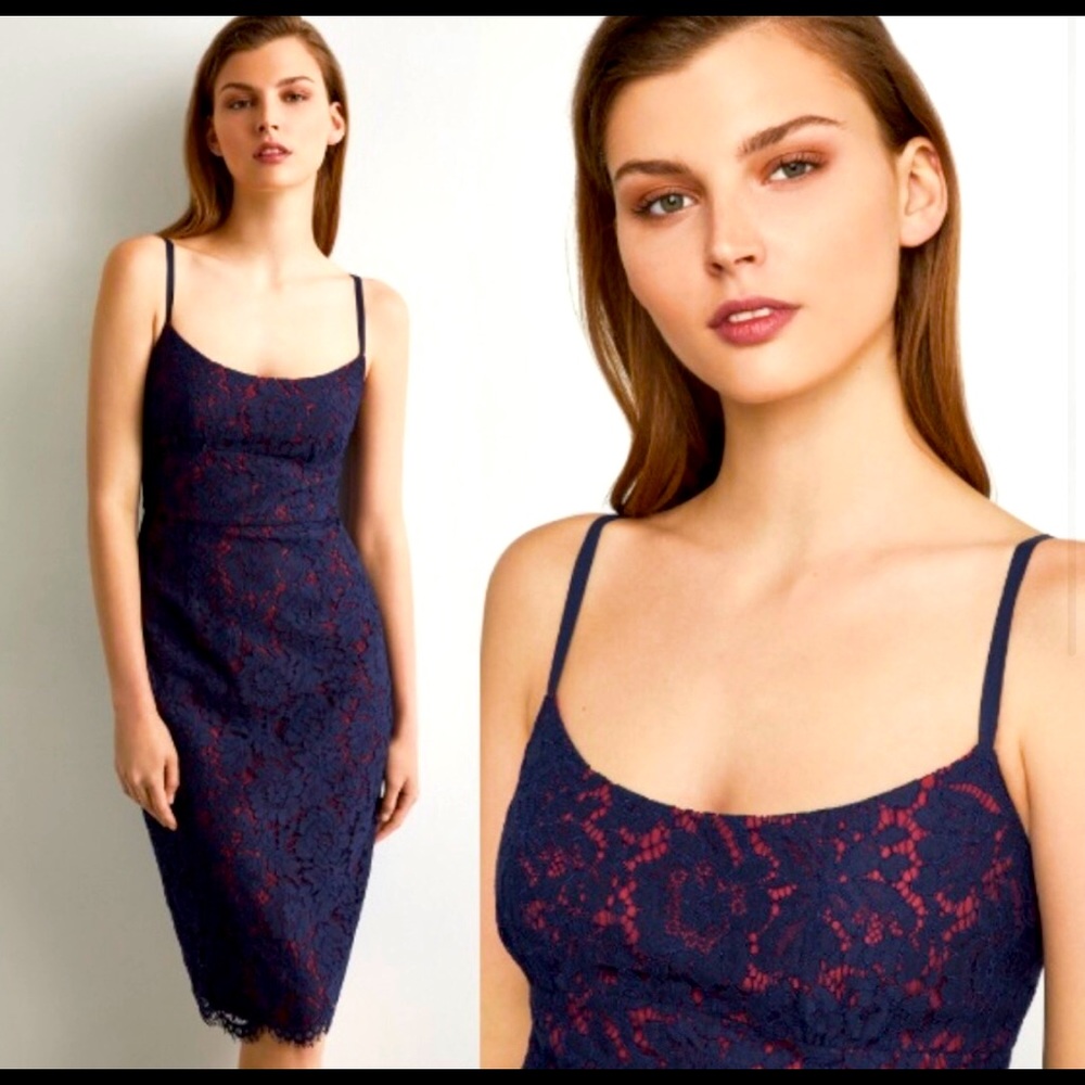 BCBGMAXAZRIA Navy Blue & Red Lace Sheath Dress